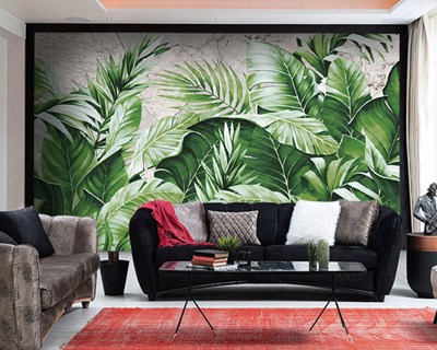 Oturma Salonlarına Büyük Yaprak Desenli Duvar Kağıdı Görseli 3D 