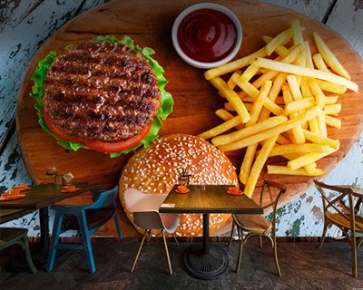 Hamburger Menüsü Resimli 3D Cafe Duvar Kağıdı 
