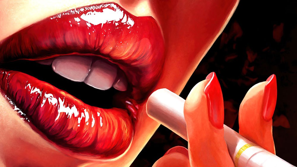 Grafiti Tarzı Kırmızı Rujlu Sigara İçen Kadın Bar Pub Duvar Posteri
