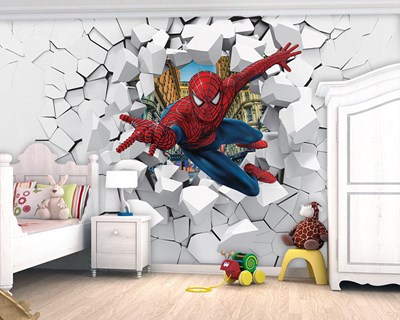 Duvarı Kıran Örümcek Adam 3D Çocuk Odası Duvar Kağıdı Görseli