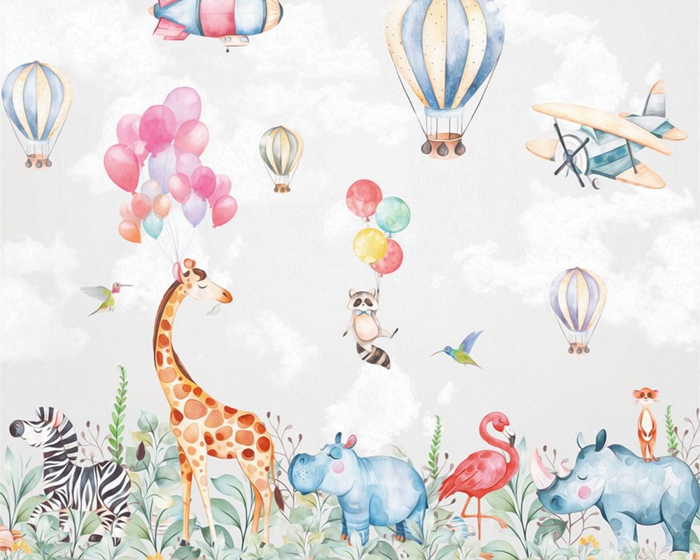 Balon Uçak Zürafa Rakun Bebek Odası Duvar Kağıdı Modeli