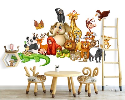 Karışık Hayvan Resimli 3D Çocuk Odası Duvar Kağıdı 