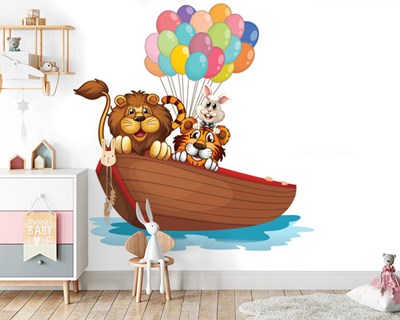 Teknede Aslan Kaplan Tavşan Çocuk Odası Duvar Kağıdı