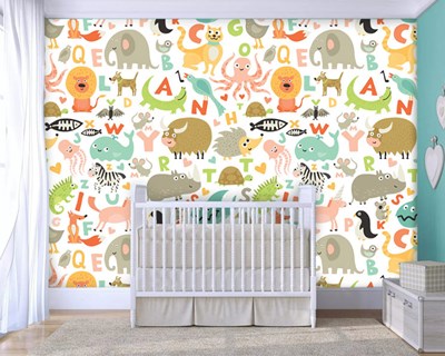Harfler Hayvanlar Grafit Renkli Bebek Odası Duvar Kağıdı