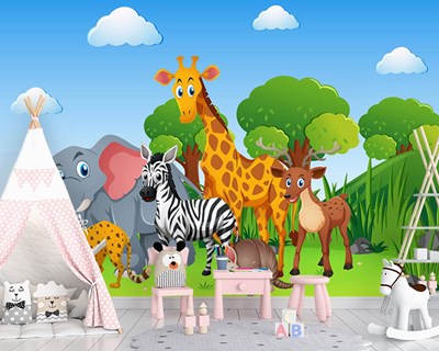 Zebra Kaplan Fil Hayvanlı Çocuk Odası Duvar Kağıdı