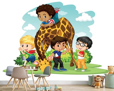 Bahçede Zürafa İle Oynayan Çocuklar 3D Çocuk Odası Bebek Odası Duvar Kağıdı