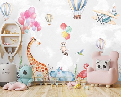 Balon Uçak Zürafa Rakun Bebek Odası Duvar Kağıdı Modeli