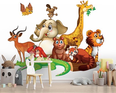 3D Hayvan Resimli Animasyon Tarzı Çocuk Odası Duvar Kağıdı