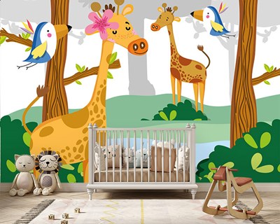 Ormanda Zürafalar Renkli Bebek Odası Duvar Kağıdı