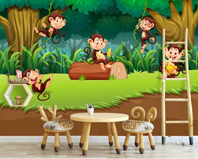 Ormanda Oyun Oynayan Eğlenceli Yavru Maymunlar Çocuk Odası Duvar Kağıdı