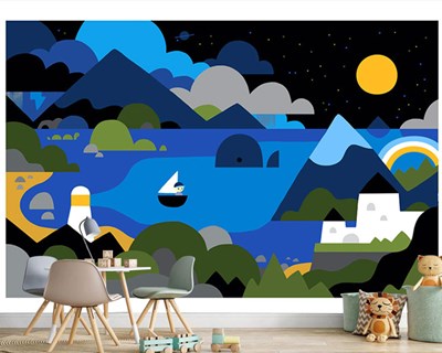  Dağ ve Göl Deniz Çizim Şeklinde Renkli Bebek Odası Duvar Kağıdı