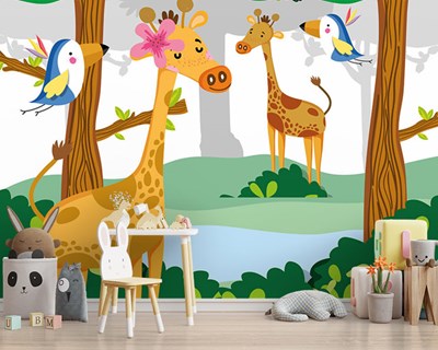Ormanda Zürafalar Renkli Bebek Odası Duvar Kağıdı