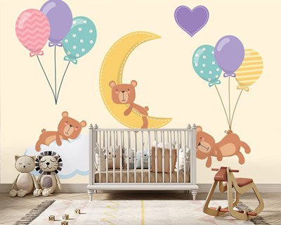 Soft Kalpler Tatlı Balonlar Küçük Yavru Ayılar Bebek Odası Duvar Kağıdı