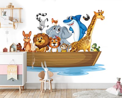 Gemiye Binmiş Orman Hayvanları Çizgi Resim Bebek Odası Duvar Kağıdı