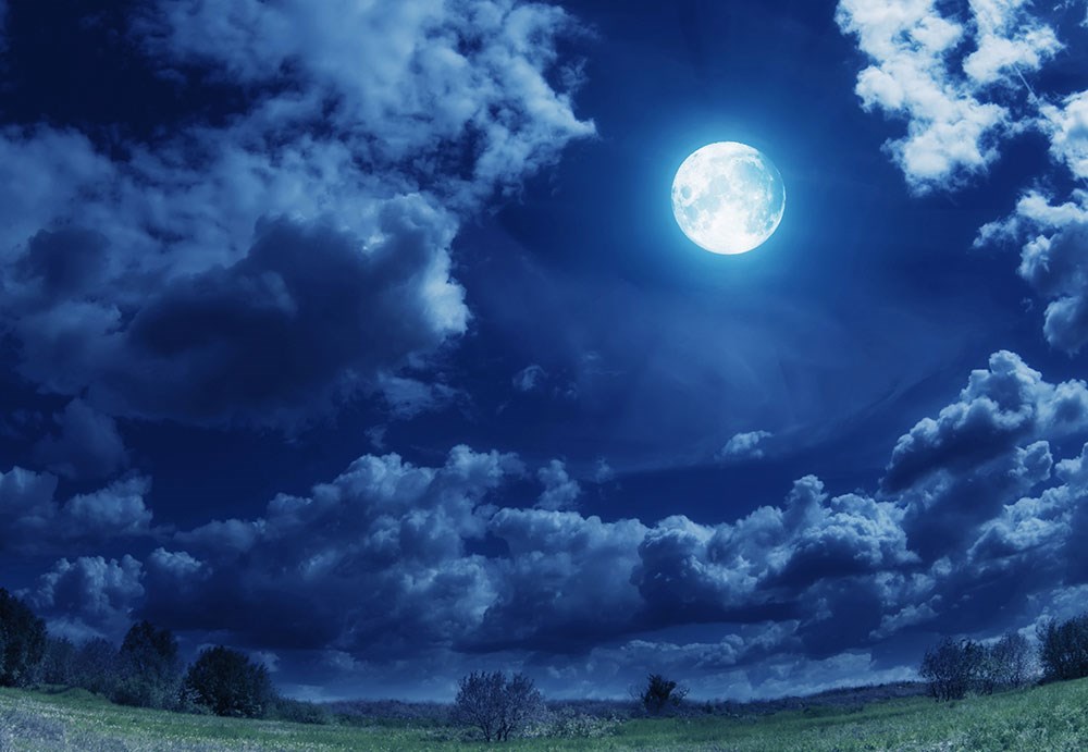 Lacivert Gece Gökyüzünde Ay Işığı Manzaralı 3D Duvar Kağıdı 