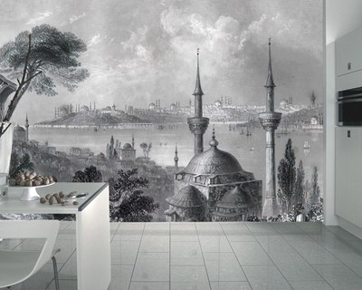 Cami Minareleri Şehir Manzaralı 3D Siyah Beyaz Tablo Duvar Kağıdı 