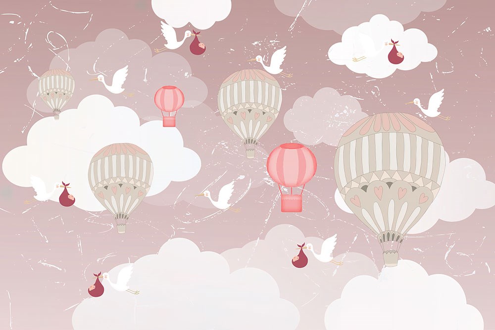 Pudra Renk Gökyüzünde Uçan Hava Balonları Bebek Odası Duvar Kağıdı 