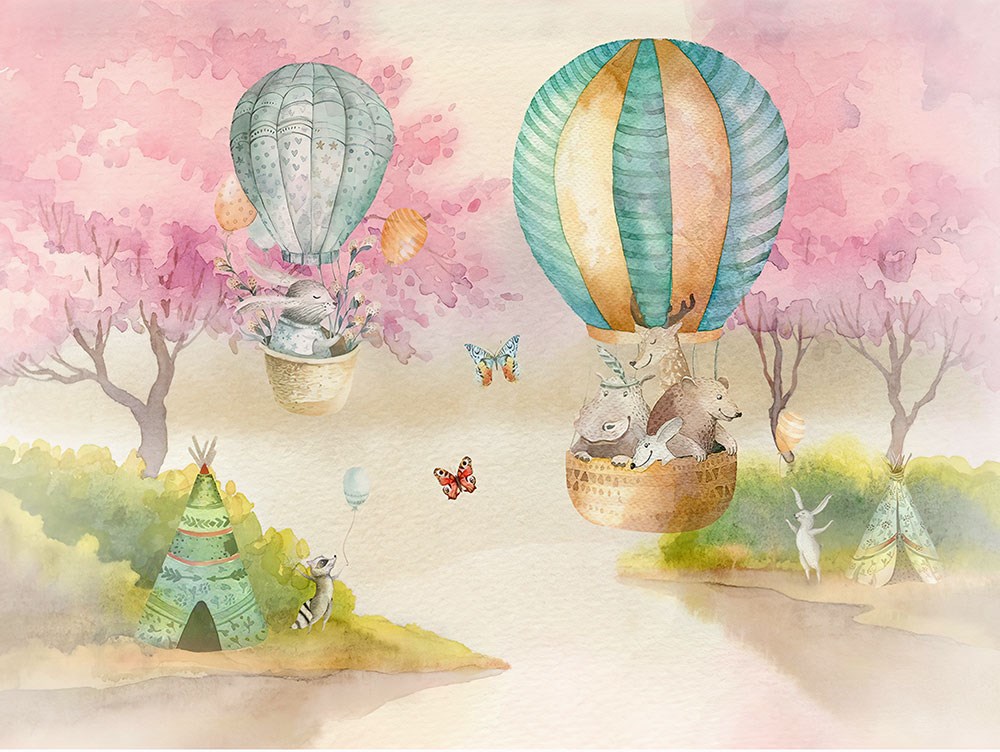 Hava Balonunda Uçan Hayvanlar Duvar Posteri