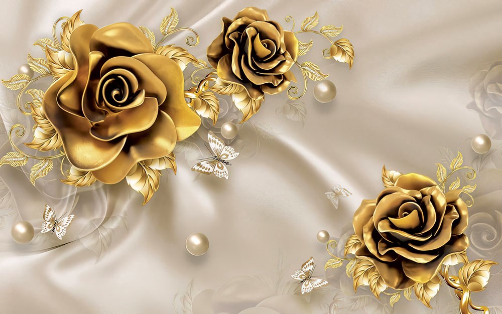 Gold Çiçek Duvar Kağıdı 3D