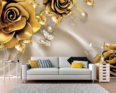 Gold Çiçek Duvar Kağıdı 3D