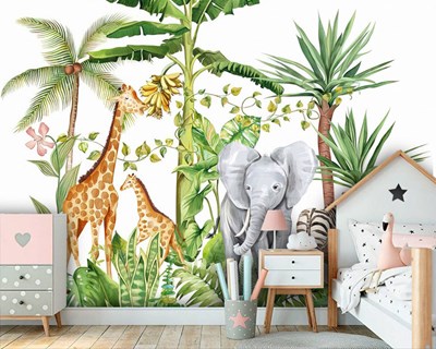 Tropik Orman Fil Zürafa Çocuk Odası Duvar Kağıdı 