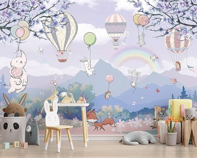 Balonla Uçan Yavru Hayvanlar Bebek Odası Duvar Kağıdı 