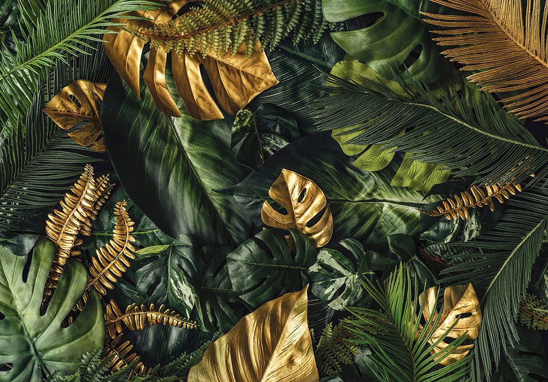 Canlı Çarpıcı Yeşil Gold Yaprak 3D Duvar Kağıdı