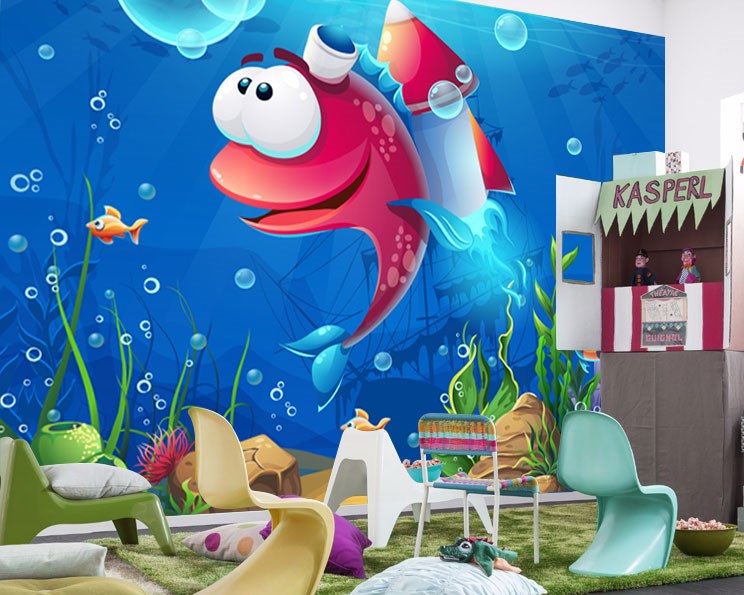 Komik Balık Çocuk Odası Duvar Kağıdı 3D