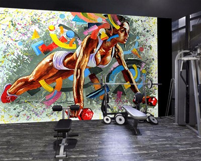 Duvarda Çizim Görünümlü Fitness Salonu Duvar Kağıdı 3D