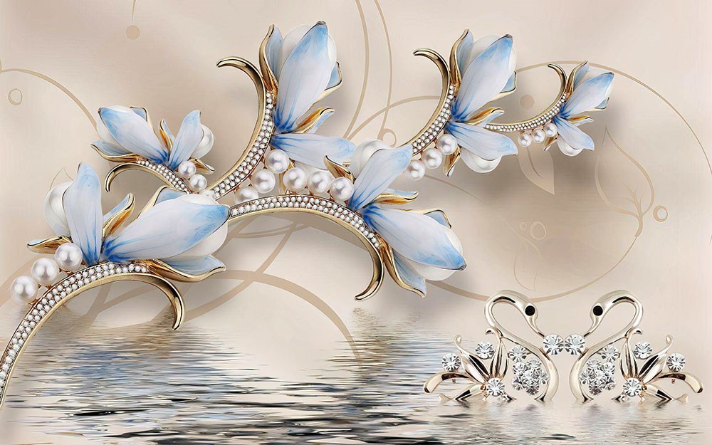 Beyaz İncili Mavi Çiçek 3D Duvar Kağıdı