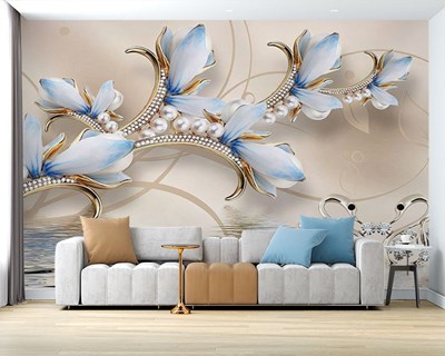 Beyaz İncili Mavi Çiçek 3D Duvar Kağıdı