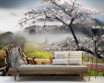 Çiçek Açmış Erik Ağacı ve Doğa Manzaralı Duvar Kağıdı 3D 