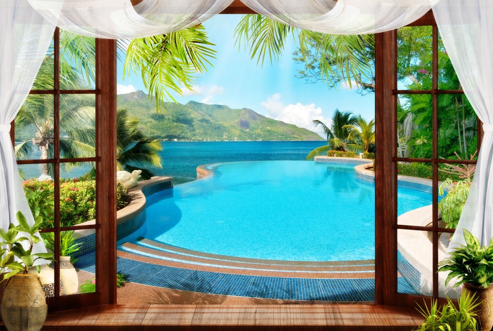 3D Pencereden Havuz Ve Deniz Manzaralı Duvar Kağıdı