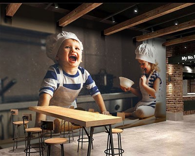 Hamur Yoğuran Çocuklar Ev Yemekleri 3D Duvar Kağıdı