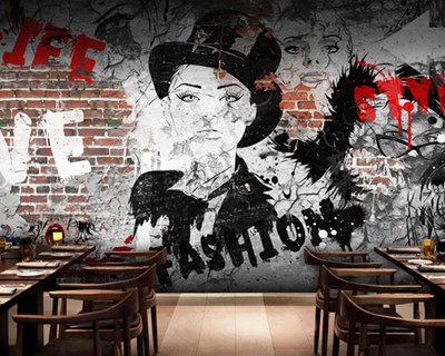 Cafe İçin Grafiti Tarz 3D Duvar Kağıdı Görseli