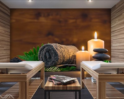 Havlu, Mum ve Şifalı Taşlar Resimli 3D Spa Merkezi Duvar Kağıdı Görseli