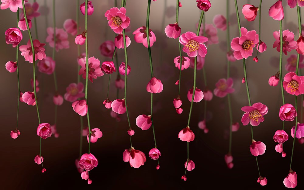3 Boyutlu Küçük Pembe Dal Çiçekleri Duvar Kağıdı Görseli