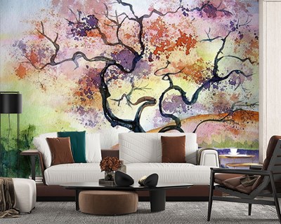 Sulu Boya Çizim Kuru Ağaç Duvar Kağıdı Görseli