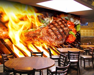 Izgara Ateşi İçinde Kızarmış Biftek Cafe Restoran Duvar Kağıdı Modeli