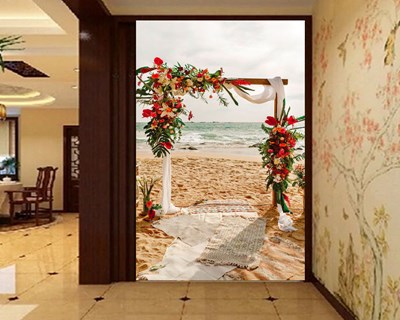Kumsalda Çiçek Çelenk Resimli 3D Duvar Kağıdı Görseli