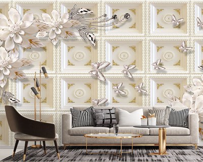 Kelebekli Çiçekli Oturma Salonu Duvar Kağıdı Görseli