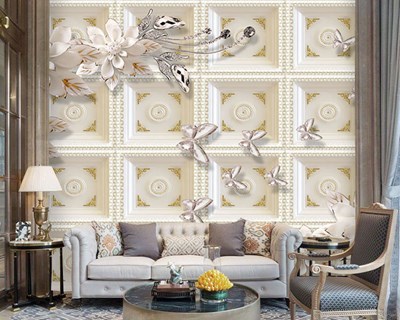 Kelebekli Çiçekli Oturma Salonu Duvar Kağıdı Görseli