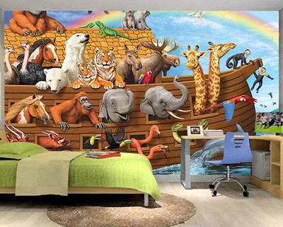 Nuh'un Gemisinde Hayvanlar Çizgi Tarzı Çocuk Odası Duvar Kağıdı 