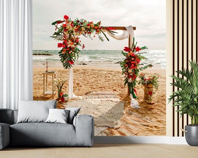 Kumsalda Çiçek Çelenk Resimli 3D Duvar Kağıdı Görseli