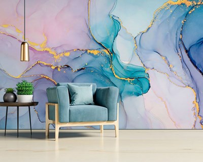 Mavi Tonlarda Gold Simli Oturma Salonu Duvar Kağıdı Modeli