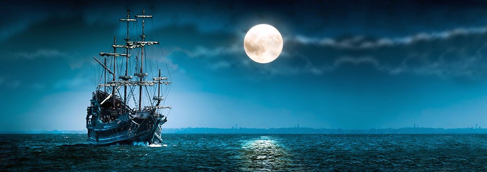 Harika Gece Dolunay Manzarasında Korsan Gemisi Deniz Resimli 3 Boyutlu Duvar Kağıdı
