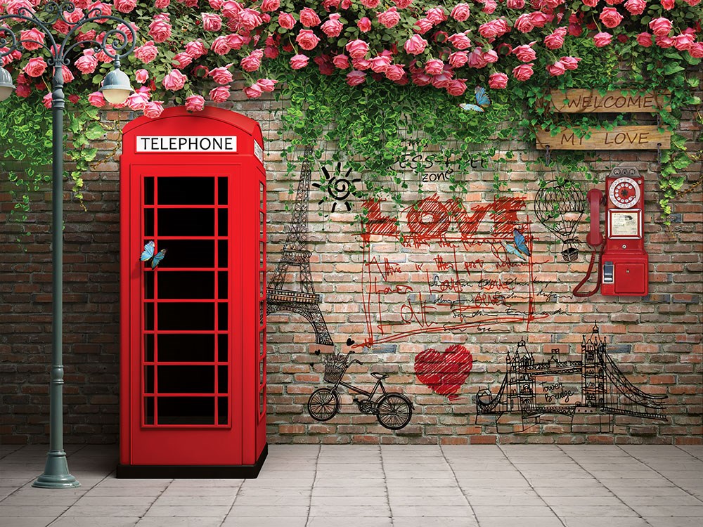 Londra Kırmızı Telefon Kulübesi Resimli 3 Boyutlu Duvar Kağıdı