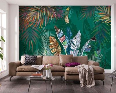 Çok Renkli Tropikal Büyük Yaprak Desenli Duvar Kağıdı 3D