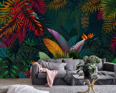 Tropikal Çiçekli ve Yaprak Desenli 3D Duvar Kağıdı