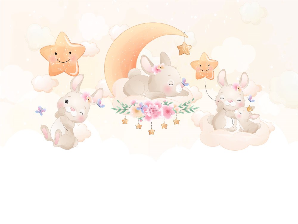 Ay Dede ve Bulutlar Üzerinde Uyuyan Tavşanlar Bebek Odası Duvar Kağıdı Modelleri